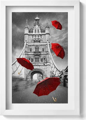 Produktbild von Rote Regenschirme auf der London Bridge– Wandbild mit Rahmen – Gerahmtes Bild  – Wanddekoration – 20x30 cm – Weiß