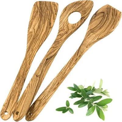 Image de Ustensiles de cuisine en bois - Set d'ustensiles de cuisine - Support en bois - Set d'ustensiles de cuisine avec support en bois - Set d'ustensiles de cuisine en bois - Cuillères en bois - Pot à cuillères - Cuillères à café - Set de cuillères en bois -
