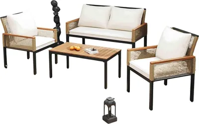 Produktbild von Loungeset aus Polyrattan und Akazienholz – 2 Sessel, Doppelsitzbank und Tisch – Garten-Lounge-Set mit bequemen Kissen – Weiß