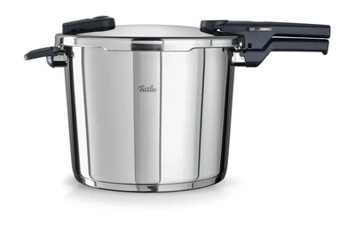 A stainless steel pressure cooker is shown against a white background.