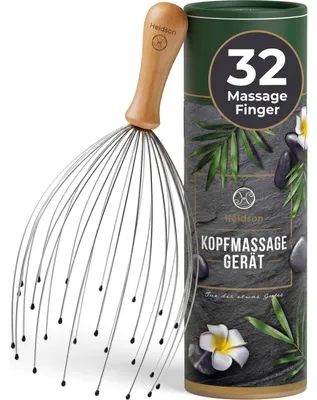 Produktbild von Kopfmassagegerät Kopfmassagespinne Haarmassagegerät - 32 Massagefinger - Holzgriff - Mit Reflexzonenkarte