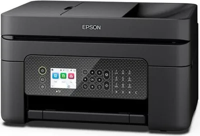 A black Epson WorkForce WF-2950DWF wireless all-in-one printer is shown from the front.