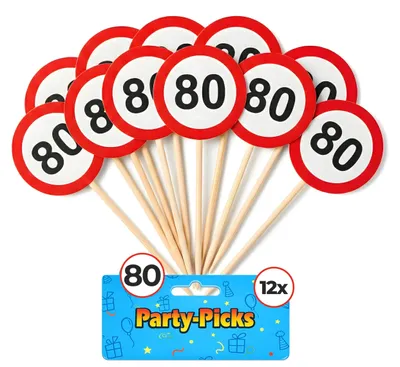 80. Geburtstag Deko – 12 Party-Picks Verkehrsschild, rot-weiß