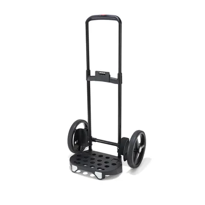 A black shopping trolley frame with wheels, shown against a white background.