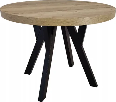 A round wooden table with black metal legs on a white background.