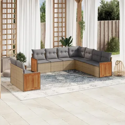 Produktbild von Design 9-tlg. Garten-Sofagarnitur mit Kissen Beige Poly Rattan, Gartenmöbel-Sets 2024 Neu