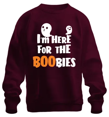 Productafbeelding van Ik ben hier voor de borsten. Halloween, geest, grappig, y, feestkostuum, uni, sweatshirt, trui, bordeauxrood, maat L
