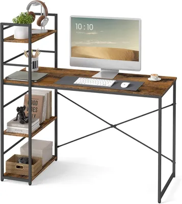 Produktbild von VBChome Schreibtisch mit Regal – Rustikaler Holzlook, Schwarz – Computertisch 3 Ablagen 120x44x120 cm, Stabil Heimarbeitsplatz, Bürotisch
