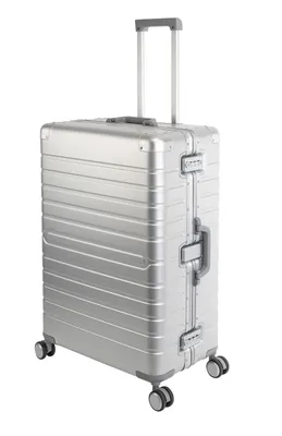 A silver aluminum trolley suitcase with a retractable handle and four wheels, shown against a white background.