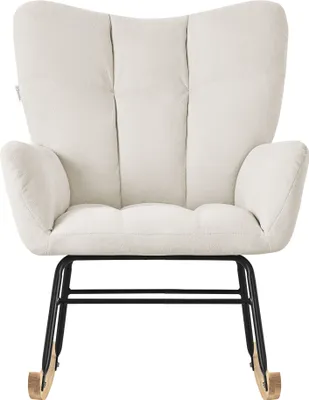 Produktbild von ML-Design Schaukelsessel Beige, Schaukelstuhl mit Frottee-Optik Bezug, Gepolsterter Schwingsessel mit Holzkufen, Relaxsessel mit Armlehnen Relaxstuhl