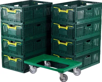 Produktbild von 8 Stück Klappboxen + 1 Transportroller 600 x 400 mm Typ C in grün
