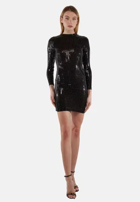 Produktbild von Disco Kleid figurbetont mit langen Ärmeln und Glitzer-Pailletten für festliche Anlässe