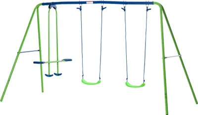 Produktbild von Grünes Metall-Schaukelgestell mit 2 Schaukeln und Wippe für Kinder, Outdoor