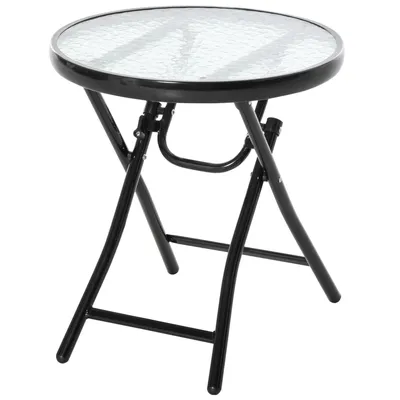 Zdjęcie produktu dla Zimilo Okrągły stolik składany, stolik ogrodowy lub pomocniczy z szklanym blatem, Ø45 cm, metalowy, na balkon, taras i na zewnątrz, czarny