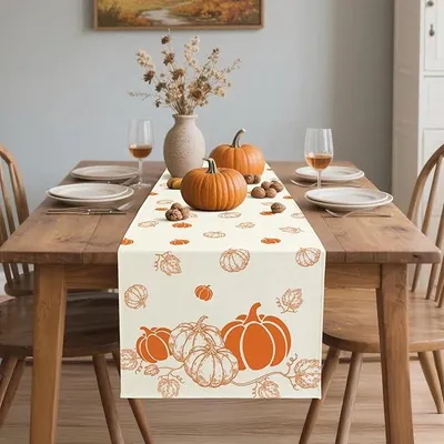 Zdjęcie produktu dla Bieżnik Jesienny 40x300 cm Beżowy Lniany Dynie Wodoodporny Dekoracja