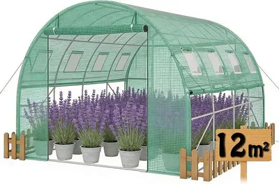 Produktbild von 3x4m Foliengewächshaus Gartengewächshäuser aus verzinktem Stahl PE Gewächshaus mit Aufrollbare Fenster Tomatenhaus Winterfest Folientunnel Pflanzenzelt Folien Treibhaus inkl. Erdanker