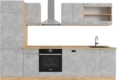 Produktbild von Küchenzeile Vicco R-Line Beton/Goldkraft Eiche 300 cm ohne Arbeitsplatte, Model 53821