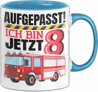 Produktbild von 8. Geburtstag Geschenk Tasse Becher Jungs Feuerwehr Aufgepasst Ich Bin Jetzt 8 (Blau)