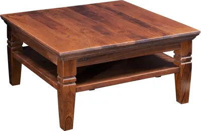 A wooden coffee table with a shelf underneath, shown from a three-quarter angle on a white background.