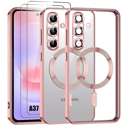 Image de Coque + 2 Verres Trempés pour Samsung Galaxy A37 5G, Silicone Souple avec Cercle Magnétique Rose