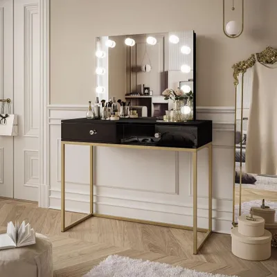 Produktbild von Schminktisch BLANCO GOLD ELITE mit Spiegel und Beleuchtung schwarz Hochglanz mit Griffen