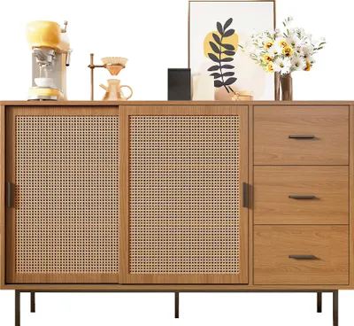 Produktbild von Merax Kommode Anrichte mit 2 Schiebetüren, 3 Schubladen, Verstellbaren Böden, Landhausstil Sideboard für Wohnzimmer Esszimmer, Natur