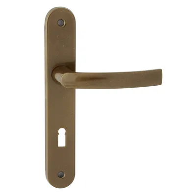 A bronze-colored door handle with a keyhole on a white background.
