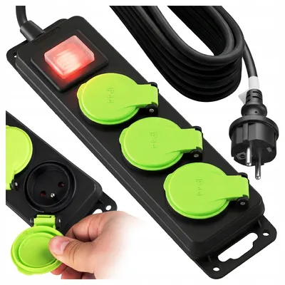 A power strip with three outlets, a switch, and a plug, shown from a diagonal angle. One outlet cover is being opened by a hand.