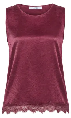 Produktbild von Ärmelloses Damen Blusentop mit Rundhalsausschnitt, Satin-Optik, Spitzenbesatz, Dunkel Barolo, Größe 38