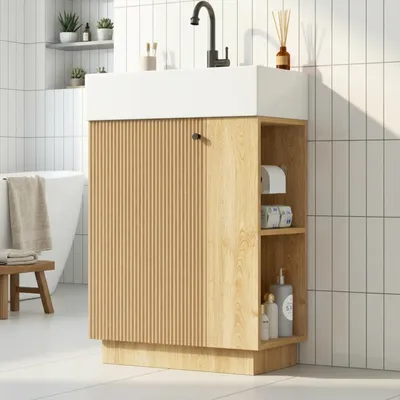 Produktbild von Merax Waschbeckenunterschrank mit Keramik Waschbecken, Badezimmerschrank mit Toilettenpapierhalter, UnterschrankSoft-Close, Stauraum, Rillenoptik,Natur