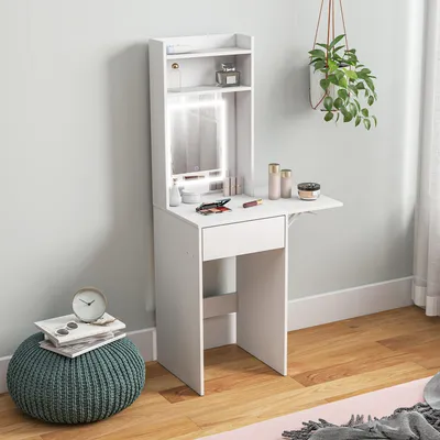 Produktbild von SUGIFT Schminktisch mit LED-Spiegel, klappbar, Makeup Tisch, Weiß | 45 x 45 x 152 cm | 3 Lichtfarben | MDF & Spanplatte