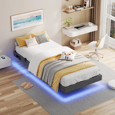 Productafbeelding van IRONCK bedframe, 90x200 cm, zwevend bed met LED-verlichting, bekleed