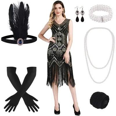 Produktbild von Flapperkleid V-Ausschnitt mit Pailletten, Partykleid für Damen, für Themenpartys