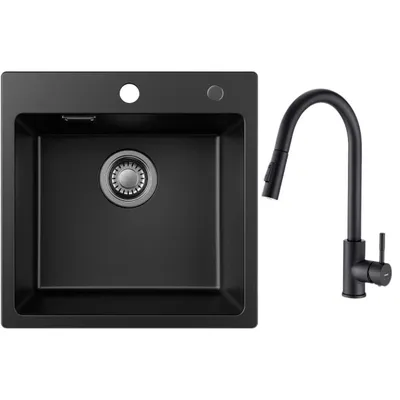 Produktbild von Cecipa MAX Spülbecken Schwarz Granit 45x45 cm Set, Küchenarmatur ausziehbar, moderne schwarze Optik, ideal für Küchenrenovierung