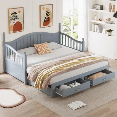 Produktbild von Ausziehbares Schlafsofa 90x190cm auf 180x190cm, Holzschlafsofa in Grau aus Kiefernholz mit 2 Schubladen und Lattenrost