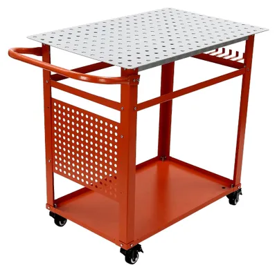Produktbild von Mobiler Schweißtisch 91,44 x 61 x 91,44 cm mit 272 kg Tragkraft aus Stahl auf Rollen, tragbare Werkbank mit doppelter Ablagefläche, Schweißwerkbank, Lochtisch, Arbeitstisch, Schweißwagen