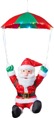 Produktbild von Weihnachtsmann am Fallschirm mit 30 bunten LEDs beleuchtet, fliegender Nikolaus für Innen- und Außen, mit Timer (traditionell - Fallschirm)