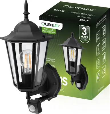 Produktbild von LUMILED Laterne Außenwandleuchte Vintage Aufwärts 230V Wandlampe mit Bewegungsmelder Aluminium Schwarz Glas IP44 spritzwasserdicht E27 Fassung Garten
