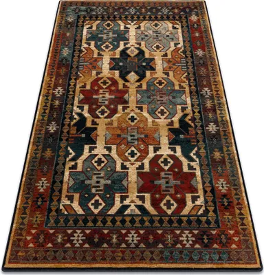 A rectangular rug with a geometric pattern is shown from a slightly elevated angle.