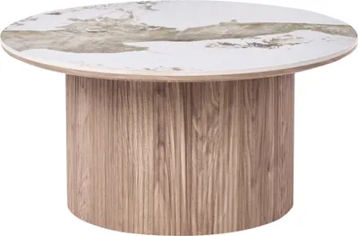 Produktbild von BELIANI Couchtisch Weiß u. Braun Keramik Tischplatte in Marmor Optik Rund ⌀ 80 cm mit Standfuß Rillenstruktur Moderner Wohnzimmertisch Sofatisch