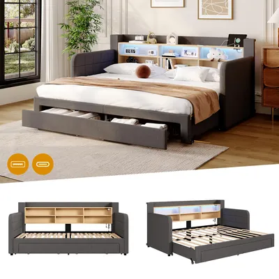 Zdjęcie produktu dla Łóżko jednoosobowe, 90 x 200 cm, z możliwością rozłożenia, z podświetleniem LED, z szufladami, bez materaca, obite welurem, kolor: szary