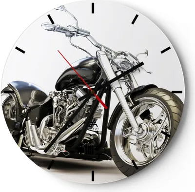 Produktbild von Wanduhr - Rund - Glasuhr - Motorrad Motor Geschwindigkeit Chrom - 40x40cm - Schleichendes Uhrwerk - Lautlos - zum Aufhängen bereit - Dekoration Modern - Wanddekoration aus Glas - C3AR40x40-2427