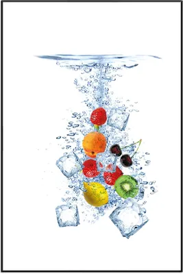 Produktbild von Wallario Wandbild Obst-Eiswürfel-Mix im Wasser mit weißem Hintergrund, Größe: 61 x 91,50 cm, Poster mit schwarzem Aluminiumrahmen