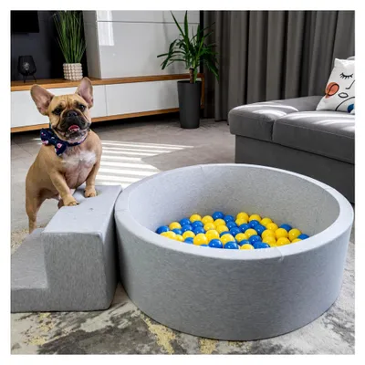 Produktbild von Weicher Hundepool aus Schaumstoff mit bunten Bällen, Spielbereich für Hunde und Katzen, abnehmbarer waschbarer Bezug, Hellgrau: Grau/Weiß/Babyblau