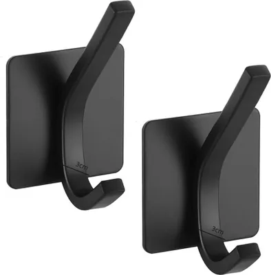 Produktbild von 2er Set Doppelhaken ohne bohren für Bad & Küche - Mehrzweckhaken [selbstklebend] - Handtuchhalter | 45x45 mm Klebehaken aus Edelstahl | Bademantelhaken Rostfrei | Kleiderhaken zum Kleben [schwarzmatt]