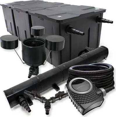 Image de SunSun Kit complet: CBF-350C Filtre de bassin jusqu'à 90000 L, CTF-8000 pompe de filtration 8000l/h 70W, CUV-272 lampe uv 72W, 25m Tuyau 25 mm, CSP-250 Écumeur 2500l/h 45W, Y-distributeur
