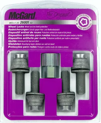 Obrázok produktu pre Sada originálnych zámkov na kolesá MCGARD, chróm, M12, SW19, dĺžka 34,5 mm, vhodná pre modely PEUGEOT 106 II (hatchback) (1A, 1C), 205 II (20A/C), 306 (hatchback), 406