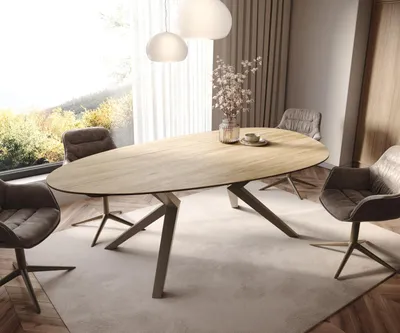 Produktbild von DELIFE Esstisch Edge Oval 220x120 Keramik Laminam® Sabbia Eichefarbig Zenthara kantig Metall Effektfinish Titan