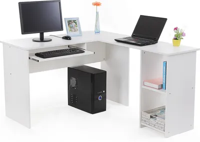 Produktbild von VASAGLE Computertisch weiß mit Tastaturauszug und 2 Ablagen 140 x 120 cm leicht montiert stabil PC-Tisch Bürotisch LCD810W