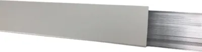 A close-up view of a white Kappleiste (plinth strip) with a silver metal insert, presented against a white background.